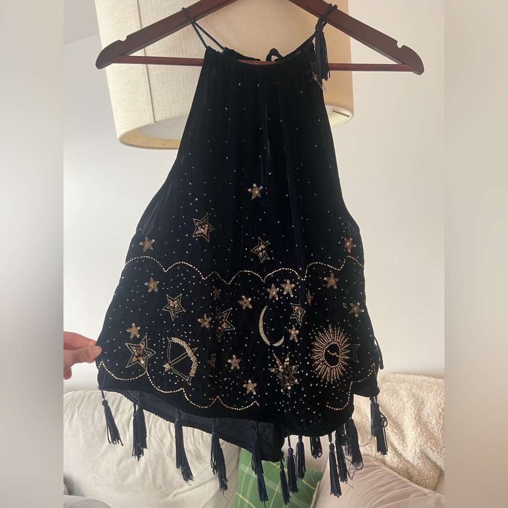 Free People Navy Velvet Celestial Halter Top